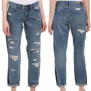 BLANK NYC BLANKNYC Patchwork Distressed Side Striped Crop Girlfriend Jeans Boho